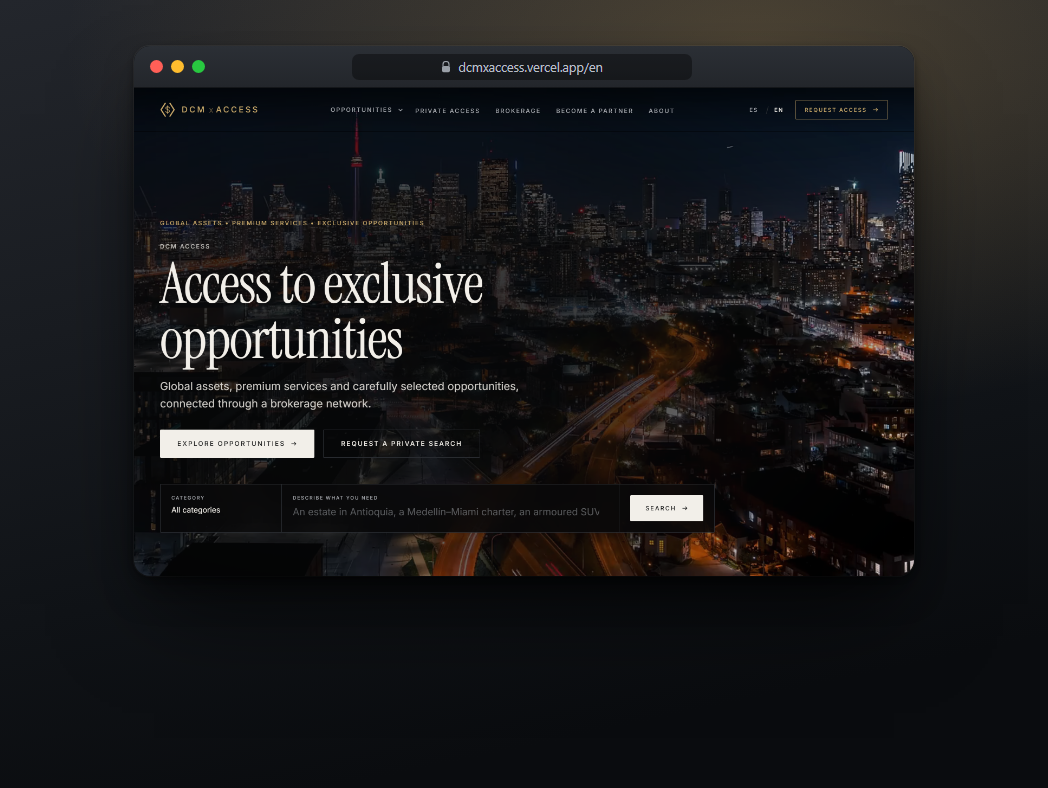 DCM ACCESS — Bilingual brokerage marketplace with an in-house CRM.
